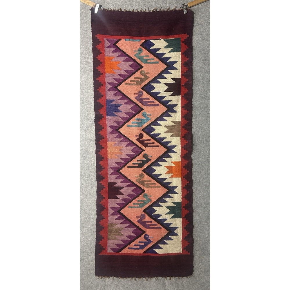 Vintage Handwoven Zapotec Wool Runner Rug Bird Motif Oaxaca Teotitlan 22x60 Mex